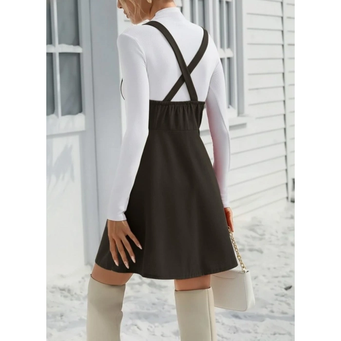 MARSiLYAN- Kadın Askılı Düğmeli Mini Süet Elbise