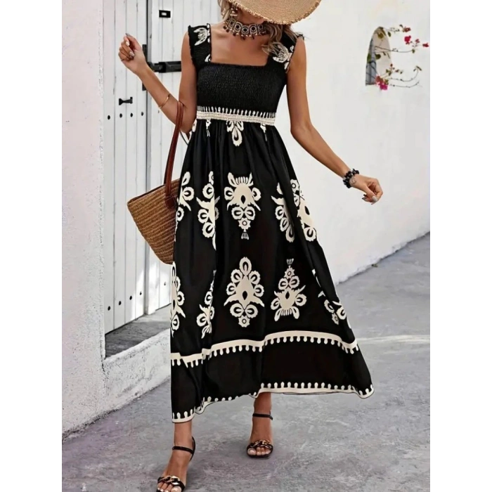 MARSiLYAN- Kadın Askılı Kare Yaka Gipe Detaylı Desenli Suprem Elbise