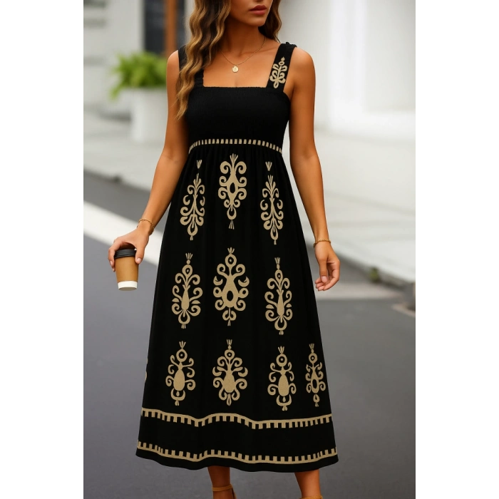 MARSiLYAN- Kadın Askılı Kare Yaka Gipe Detaylı Desenli Suprem Elbise