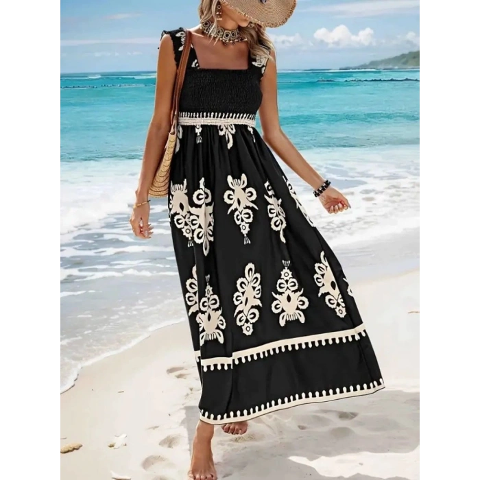 MARSiLYAN- Kadın Askılı Kare Yaka Gipe Detaylı Desenli Suprem Elbise