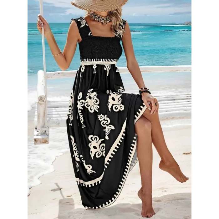 MARSiLYAN- Kadın Askılı Kare Yaka Gipe Detaylı Desenli Suprem Elbise