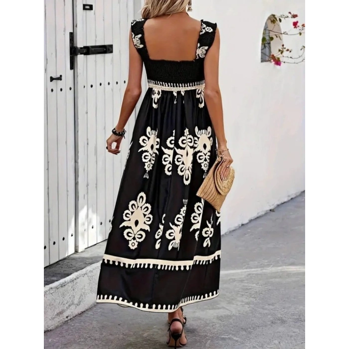 MARSiLYAN- Kadın Askılı Kare Yaka Gipe Detaylı Desenli Suprem Elbise