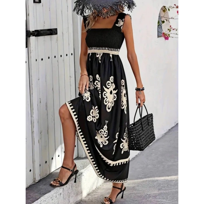 MARSiLYAN- Kadın Askılı Kare Yaka Gipe Detaylı Desenli Suprem Elbise