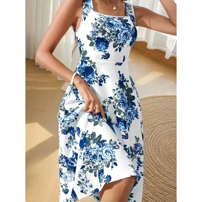 MARSiLYAN- Kadın Askılı Kare Yakalı çiçek Desenli Midi Dalgıç Elbise