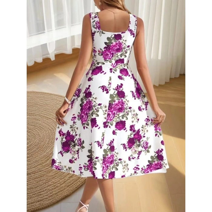 MARSiLYAN- Kadın Askılı Kare Yakalı çiçek Desenli Midi Dalgıç Elbise