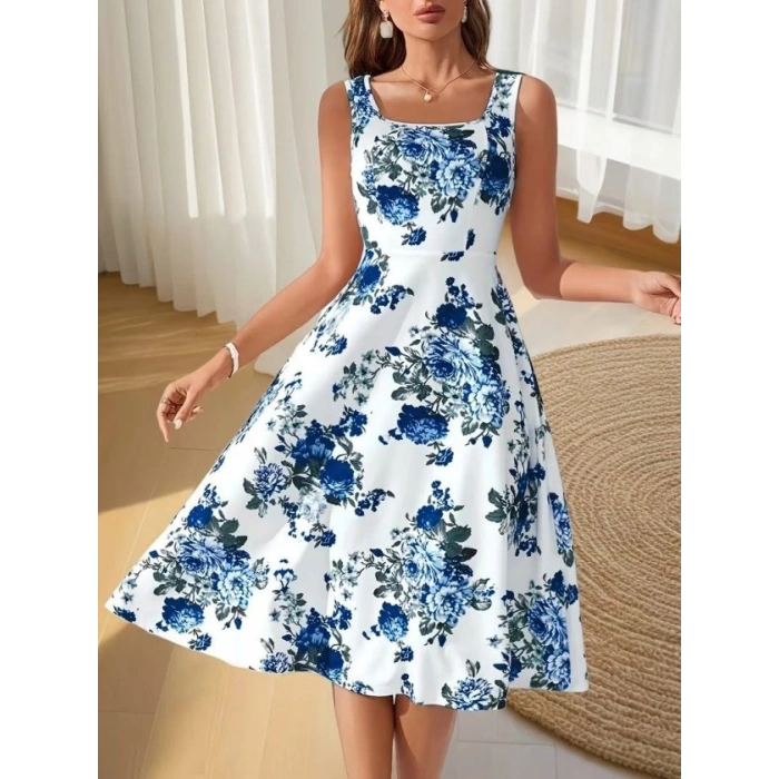 MARSiLYAN- Kadın Askılı Kare Yakalı çiçek Desenli Midi Dalgıç Elbise