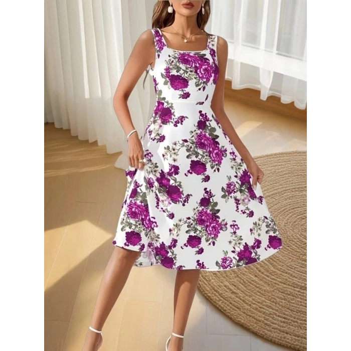 MARSiLYAN- Kadın Askılı Kare Yakalı çiçek Desenli Midi Dalgıç Elbise