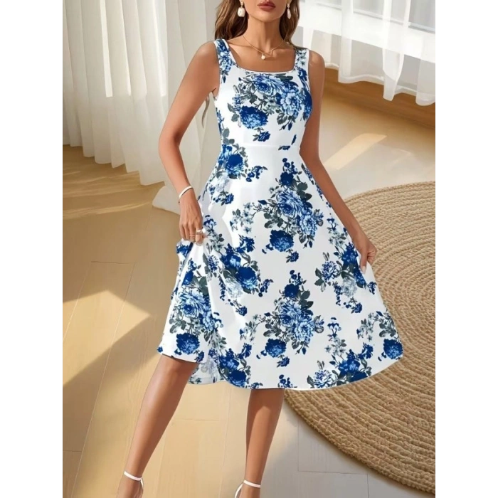 MARSiLYAN- Kadın Askılı Kare Yakalı çiçek Desenli Midi Dalgıç Elbise