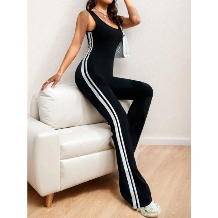 MARSiLYAN- Kadın Askılı Kare Yakalı Yandan şeritli Uzun Dalgıç Tulum