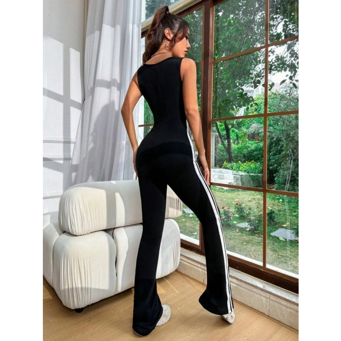 MARSiLYAN- Kadın Askılı Kare Yakalı Yandan şeritli Uzun Dalgıç Tulum