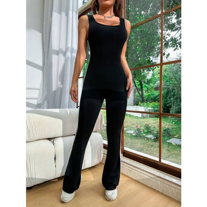 MARSiLYAN- Kadın Askılı Kare Yakalı Yandan şeritli Uzun Dalgıç Tulum