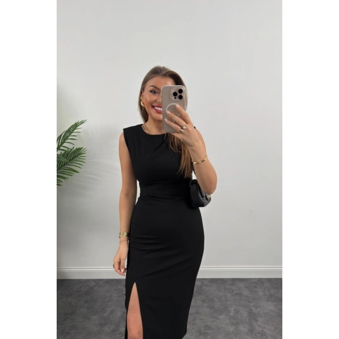 MARSiLYAN- Kadın Askılı Kolsuz Belden Büzgülü Yırtmaçlı Midi Janjan Krep Elbise