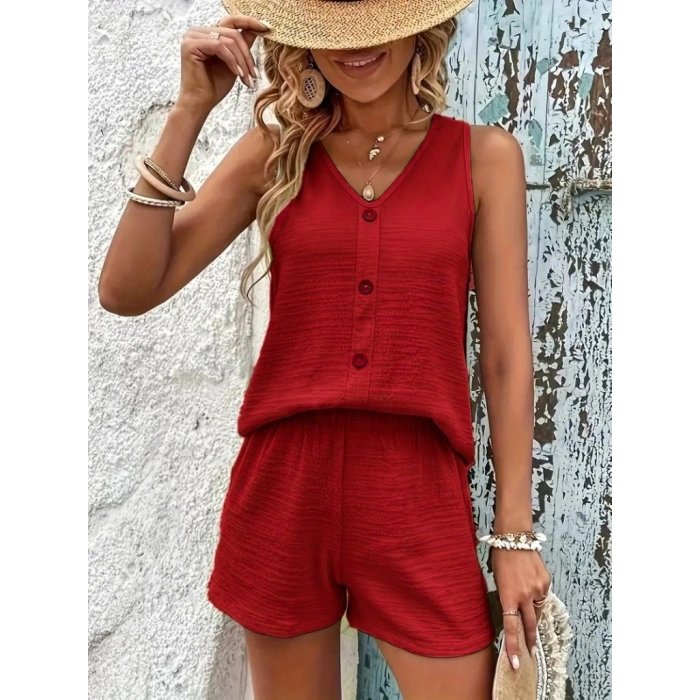 MARSiLYAN- Kadın Askılı Kolsuz V Yakalı önden Düğmeli Bürümcük Bluz Ve Short Ikili Takım