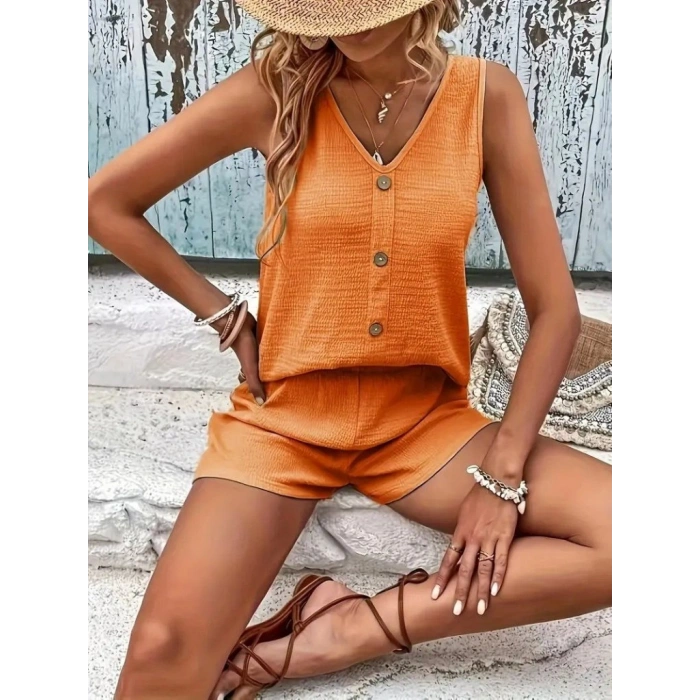 MARSiLYAN- Kadın Askılı Kolsuz V Yakalı önden Düğmeli Bürümcük Bluz Ve Short Ikili Takım