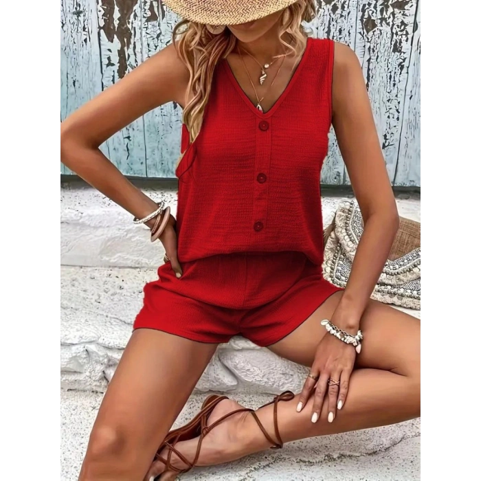 MARSiLYAN- Kadın Askılı Kolsuz V Yakalı önden Düğmeli Bürümcük Bluz Ve Short Ikili Takım
