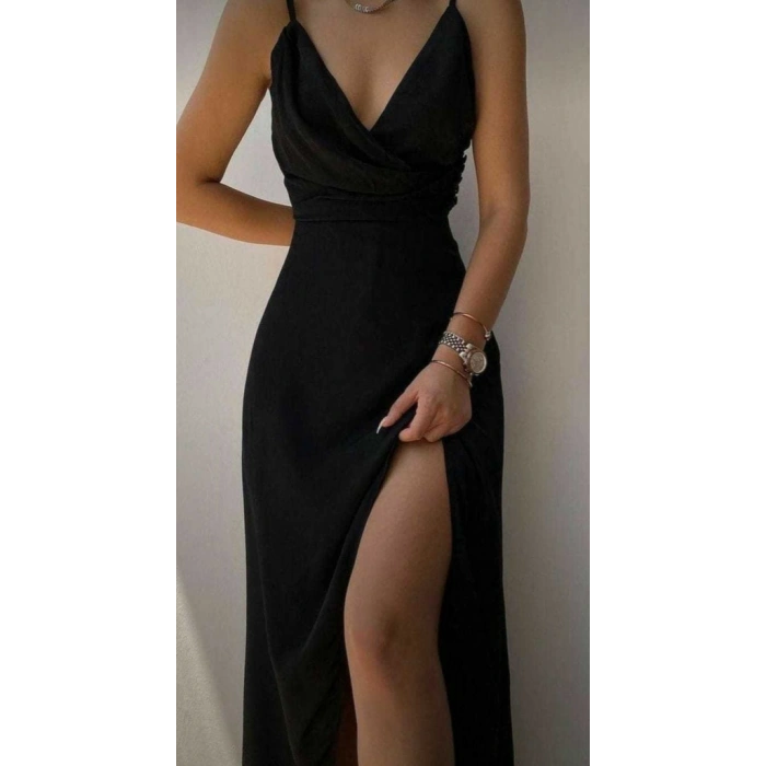 MARSiLYAN- Kadın Askılı Kruvaze Yaka Derin Yırtmaçlı Krep Elbise