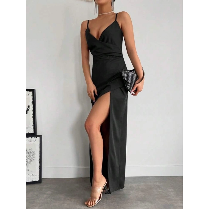 MARSiLYAN- Kadın Askılı Kruvaze Yaka Derin Yırtmaçlı Krep Elbise