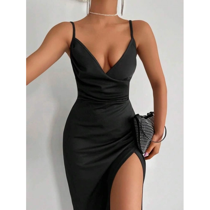 MARSiLYAN- Kadın Askılı Kruvaze Yaka Derin Yırtmaçlı Krep Elbise