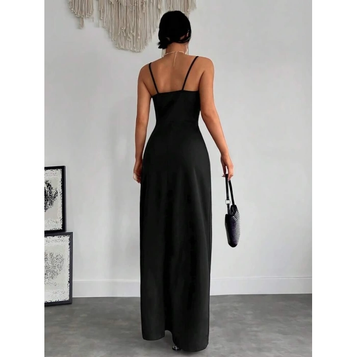 MARSiLYAN- Kadın Askılı Kruvaze Yaka Derin Yırtmaçlı Krep Elbise