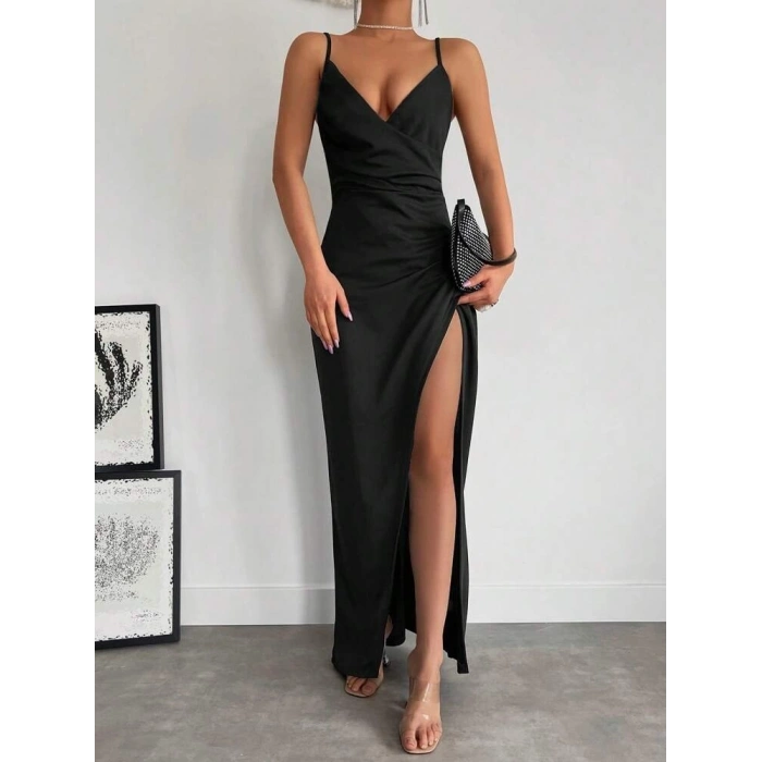 MARSiLYAN- Kadın Askılı Kruvaze Yaka Derin Yırtmaçlı Krep Elbise