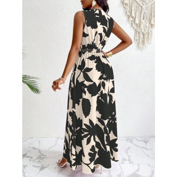 MARSiLYAN- Kadın Askılı Kruvaze Yakalı çiçek Desenli Uzun Süprem Elbise