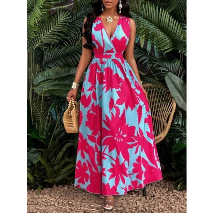 MARSiLYAN- Kadın Askılı Kruvaze Yakalı çiçek Desenli Uzun Süprem Elbise