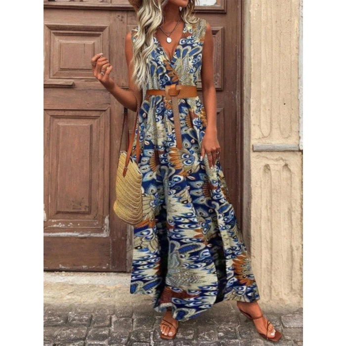 MARSiLYAN- Kadın Askılı Kruvaze Yakalı Uzun Desenli Kemersiz Süprem Elbise