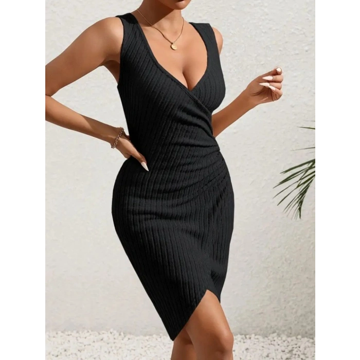 MARSiLYAN- Kadın Askılı Kruvaze Yakalı Yandan Düğmeli önden Asimetrik Kesim Detaylı Kalın Fitilli Kaşkorse Elbise