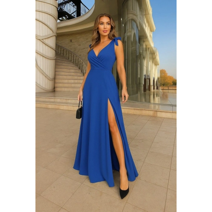 MARSiLYAN- Kadın Askılı Omuzdan Bağlamalı Kruvaze Yakalı Uzun Yırtmaçlı Janjan Krep Elbise