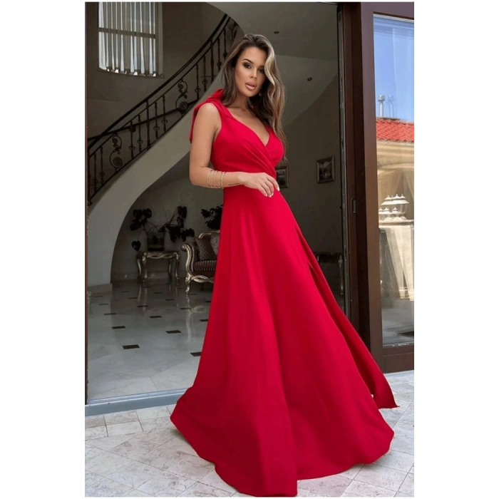 MARSiLYAN- Kadın Askılı Omuzdan Bağlamalı Kruvaze Yakalı Uzun Yırtmaçlı Janjan Krep Elbise