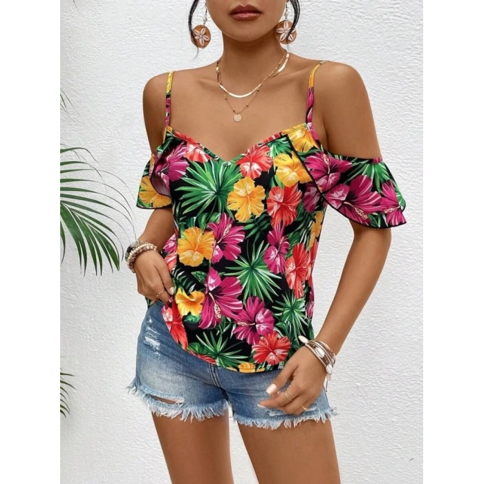 MARSiLYAN- Kadın Askılı Omuzlardan Açık çiçek Baskılı Bluz