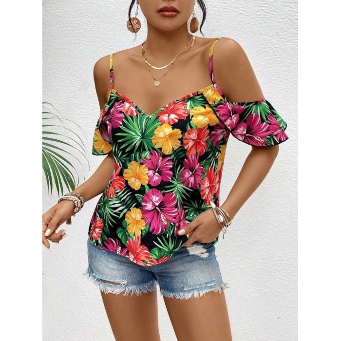 MARSiLYAN- Kadın Askılı Omuzlardan Açık çiçek Baskılı Bluz