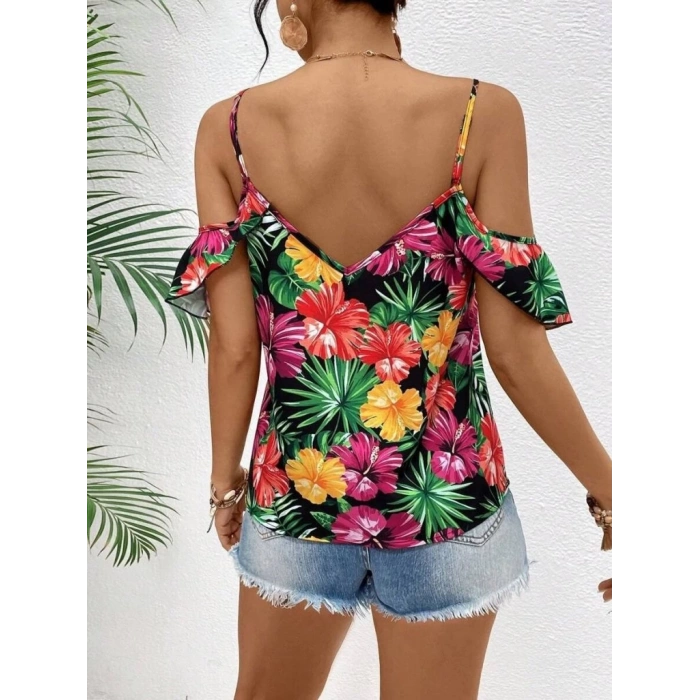 MARSiLYAN- Kadın Askılı Omuzlardan Açık çiçek Baskılı Bluz