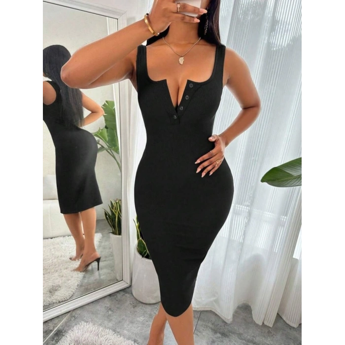 MARSiLYAN- Kadın Askılı önü Düğmeli Midi Kaşkorse Elbise