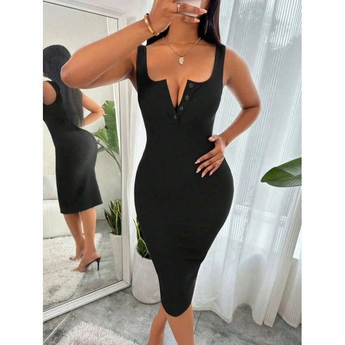 MARSiLYAN- Kadın Askılı önü Düğmeli Midi Kaşkorse Elbise