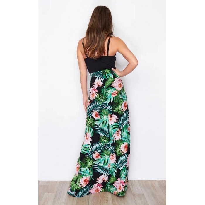 MARSiLYAN- Kadın Askılı V Yaka Eteği Dijital Baskılı çiçek Desenli Yırtmaçlı Mikro Kumaş Elbise