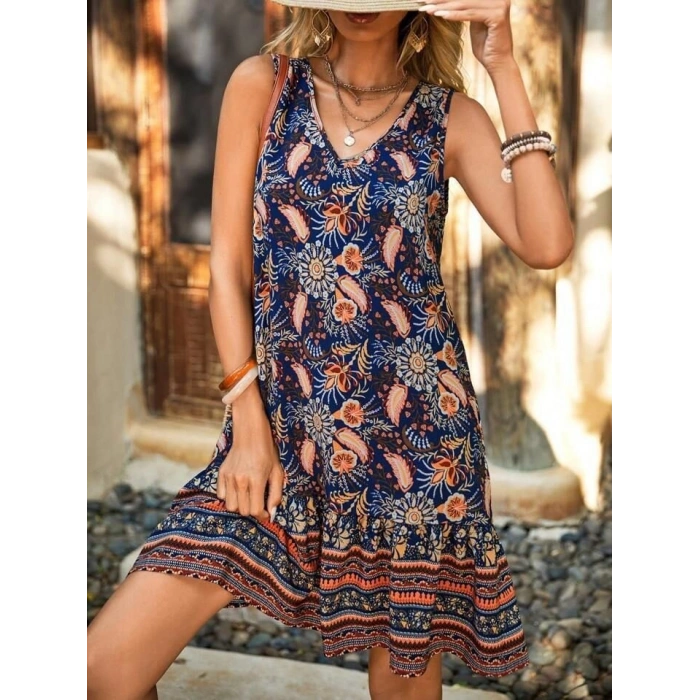 MARSiLYAN- Kadın Askılı V Yakalı Fırfırlı Desenli Süprem Kısa Elbise