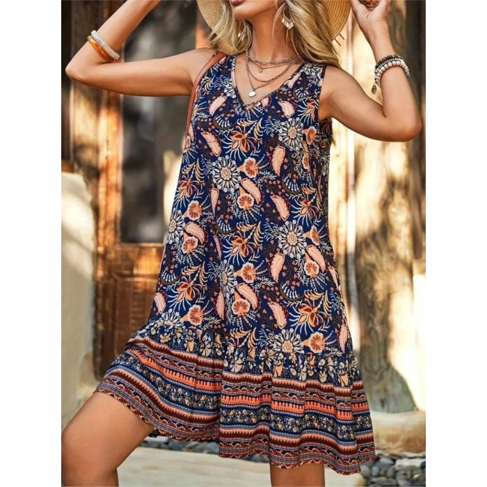 MARSiLYAN- Kadın Askılı V Yakalı Fırfırlı Desenli Süprem Kısa Elbise