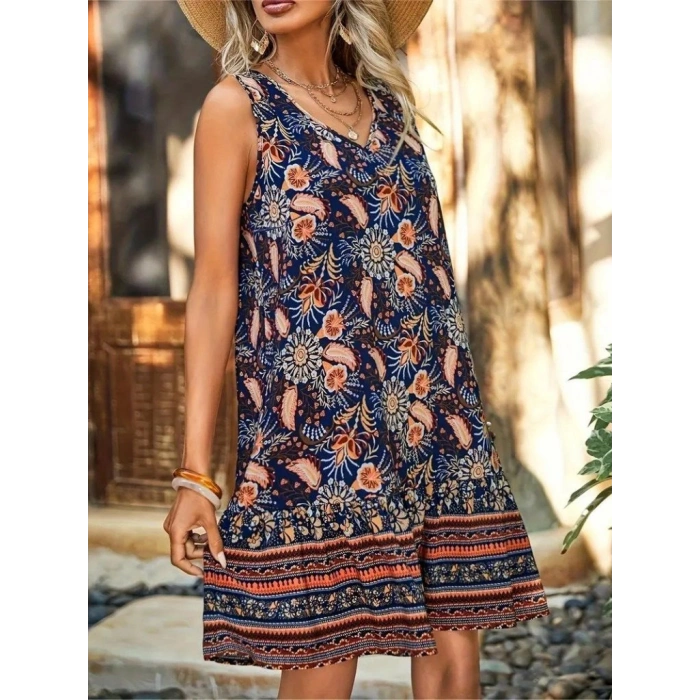 MARSiLYAN- Kadın Askılı V Yakalı Fırfırlı Desenli Süprem Kısa Elbise