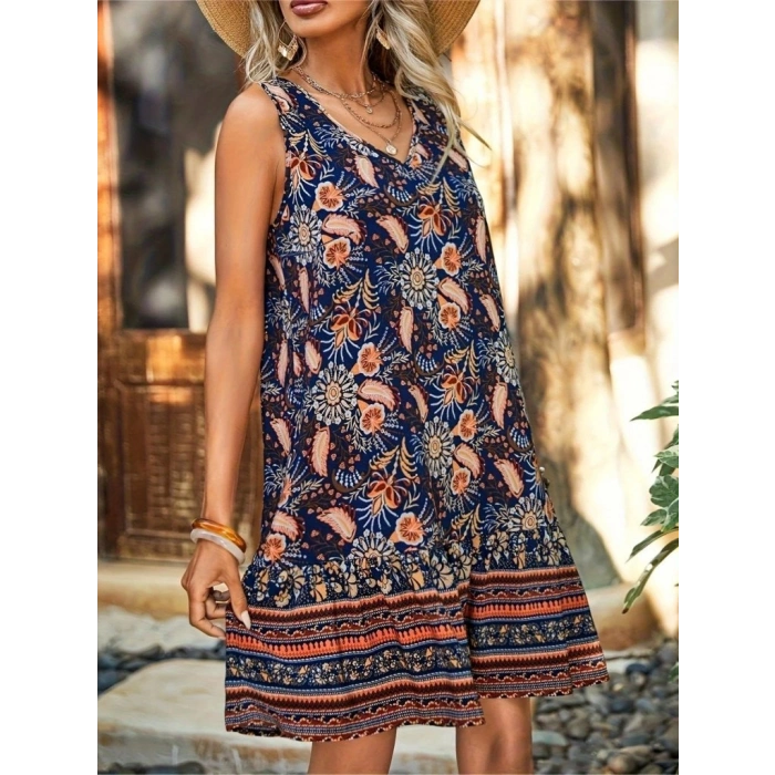 MARSiLYAN- Kadın Askılı V Yakalı Fırfırlı Desenli Süprem Kısa Elbise