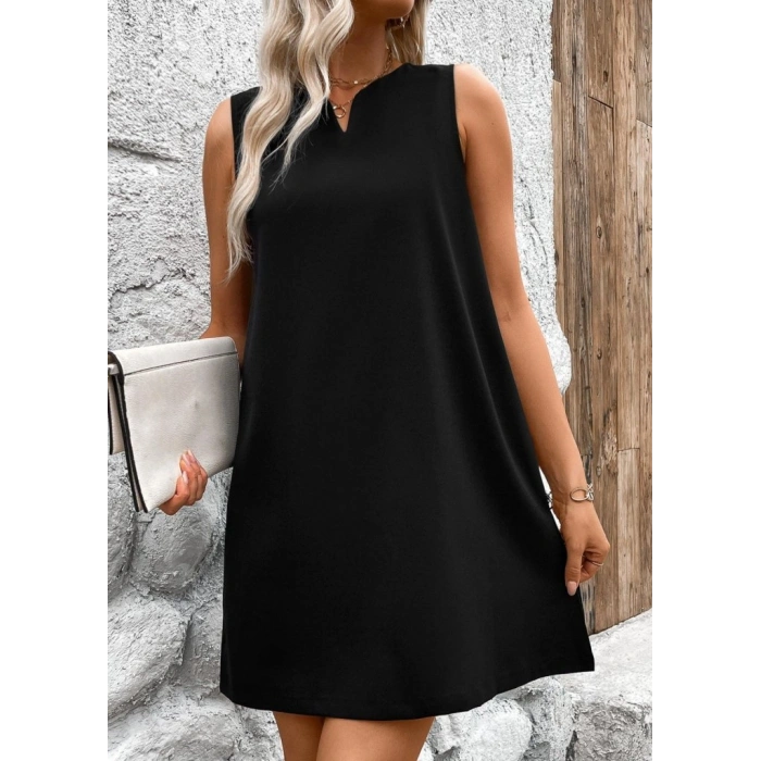 MARSiLYAN- Kadın Askılı V Yakalı Geniş Kesim Detaylı Kısa Janjan Krep Elbise