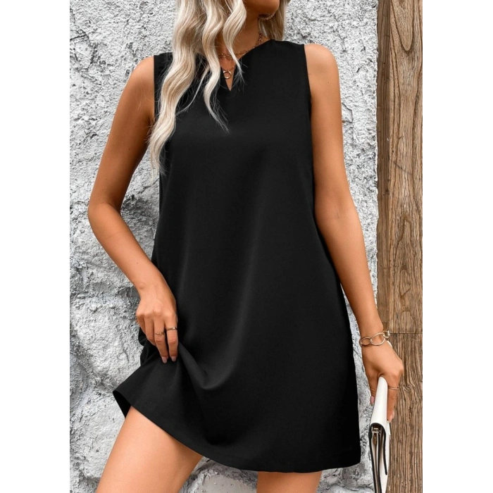 MARSiLYAN- Kadın Askılı V Yakalı Geniş Kesim Detaylı Kısa Janjan Krep Elbise