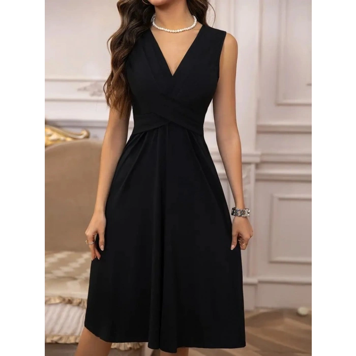 MARSiLYAN- Kadın Askılı V Yakalı önde çapraz Detaylı Janjan Krep Elbise