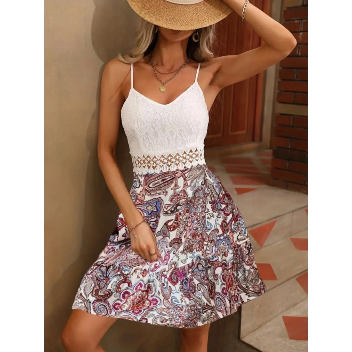 MARSiLYAN- Kadın Askılı V Yakalı üst Dantel Alt Süprem Mini Elbise