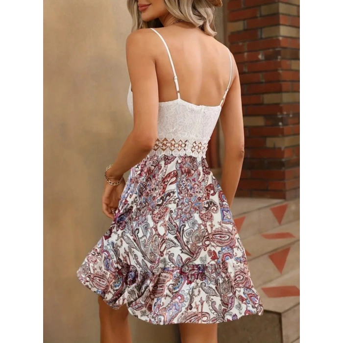 MARSiLYAN- Kadın Askılı V Yakalı üst Dantel Alt Süprem Mini Elbise