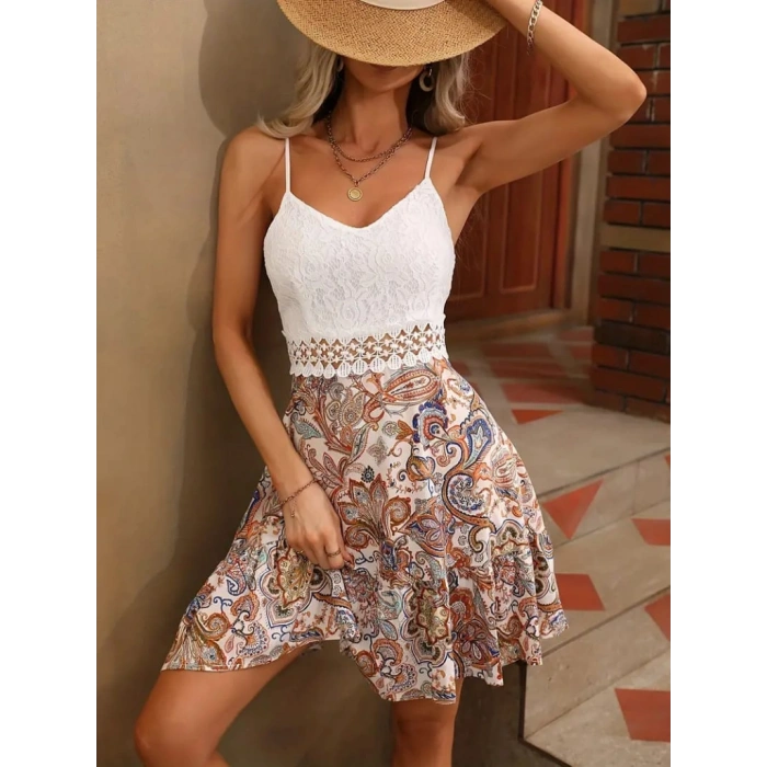 MARSiLYAN- Kadın Askılı V Yakalı üst Dantel Alt Süprem Mini Elbise