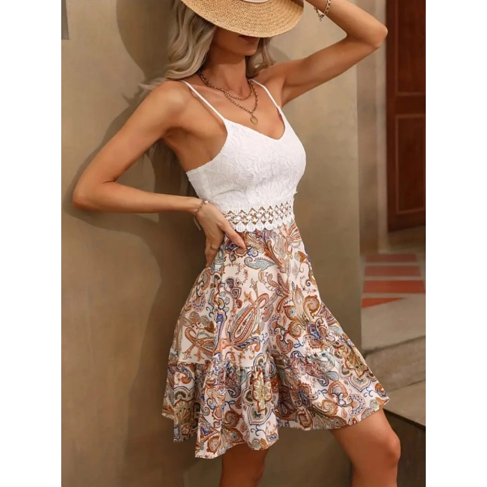 MARSiLYAN- Kadın Askılı V Yakalı üst Dantel Alt Süprem Mini Elbise