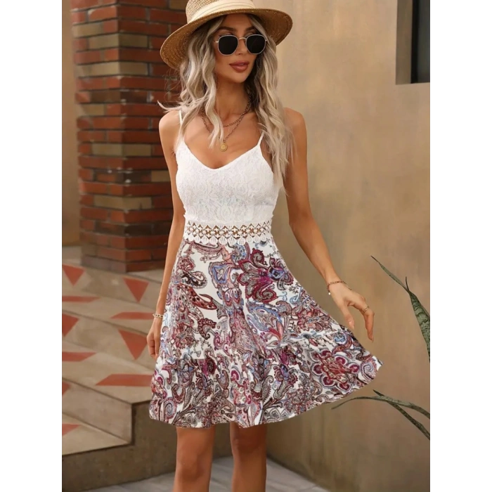 MARSiLYAN- Kadın Askılı V Yakalı üst Dantel Alt Süprem Mini Elbise