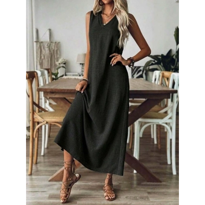 MARSiLYAN- Kadın Askılı V Yakalı Uzun Elbise