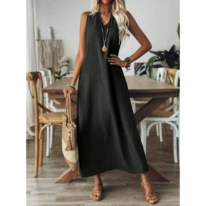 MARSiLYAN- Kadın Askılı V Yakalı Uzun Elbise